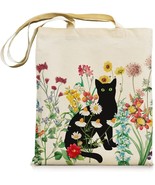 Black Cat Canvas Bag with Zipper Pockets Vintage Flowers Cute Bag Aesthe... - £27.78 GBP