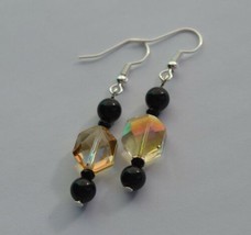 Handmade Black agate Beads and crystal Bead silver Plated Dangle Earring - £9.77 GBP