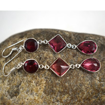 925 Sterling Silver Garnet &amp; Pink Quartz Gemstone Handmade Earrings Gift BES1562 - £26.12 GBP