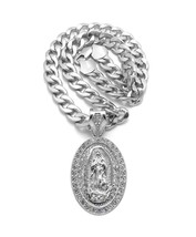 Virgin Mary Oval Pendant with Clear Crystals Silver Tone Cuban Chain Necklace - £23.69 GBP