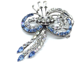 Sterling Brooch Pendant Clear And Blue Rhinestone Carl Art Signed Estate Jewelry - £50.66 GBP