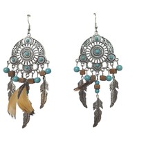 Boho Turquoise Tribal Feathers Wooden Beads Earrings Womens Costume Jewelry - $27.72