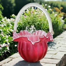 Hand Blown Cranberry Pink &amp; White Cased Ruffled Edge Art Glass Bride&#39;s Basket - £21.71 GBP