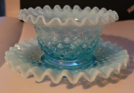 Vintage Fenton White Ick Blue Glass Hobnail Condiment Bowl and Underplat... - $28.98