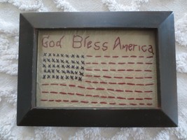 Framed EMBROIDERED Primitive GOD BLESS AMERICA FLAG  Wall Hanging - 7.5&quot;... - $12.00