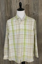 Tommy Bahama Linen Shirt Men&#39;s Large ~Long Sleeve Green Beige Plaid Button-Up - £19.41 GBP