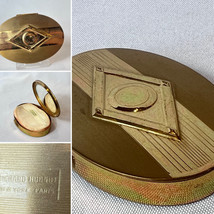 Vtg Richard Hudnut Compact Gold Tone Oval Mirrored Powder Box W/ Puff &amp; Screen - £39.18 GBP