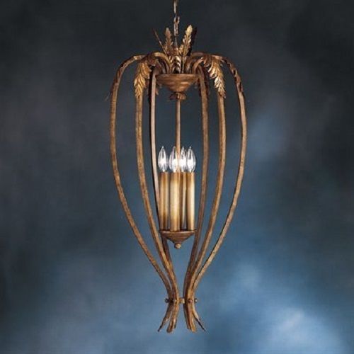 Rustic Gold Finish Chandelier Pendant Stamped Leaf Cabin Lodge Country Light - $114.96