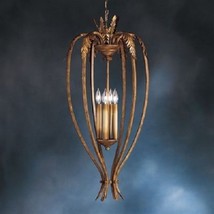 Rustic Gold Finish Chandelier Pendant Stamped Leaf Cabin Lodge Country Light - £90.31 GBP