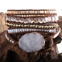 RH Fashion Boho Jewelry Beaded Bracelet Big White Druzy Stone Charm 5 Strands Wr - £17.84 GBP