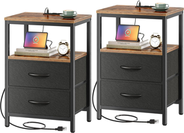 Nightstands Set of 2, End Tables with Charging Station, Side Tables with Fabric  - £135.31 GBP