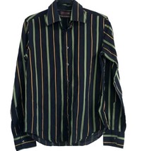 ZARA Mens Shirt Long Sleeve Navy Green Gold Striped Button Down Collared... - $14.39