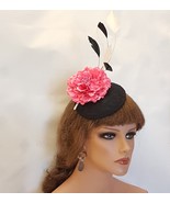 BLACK HAT Fascinator Gorgeous Black lace Hat HotPink Flower Hat with Bla... - £33.81 GBP