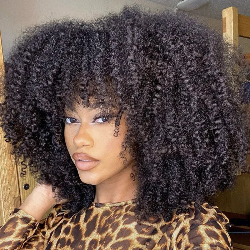 Afro Kinky Curly Hunan Hair Wigs with Bangs Full Machine Made Wig 250 Densi - £41.82 GBP+