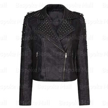 New Women Punk Heavy Metal Black Studded Brando Style Cowhide Leather Jacket-635 - $289.99