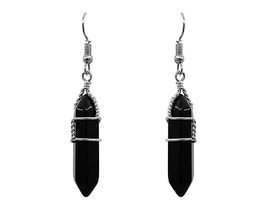 Wire Wrapped Hexagonal Gemstone Crystal Point Earrings - Healing Stone Jewelry H - £11.66 GBP