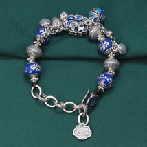 Sterling Silver Enamelled Article Lotus Beaded Bracelet With Goodluck Charm - £109.45 GBP