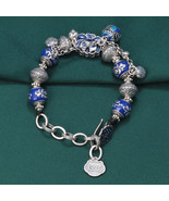 Sterling Silver Enamelled Article Lotus Beaded Bracelet With Goodluck Charm - £108.17 GBP