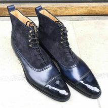 New Handmade Men&#39;s Two tone Ankle dress boot, Men Navy blue leather lace up boot - £119.08 GBP