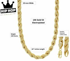 Iced Lab Diamond Real 14K Gold Plated 10mm 18" Solid Rope Necklace Chain - $14.84+