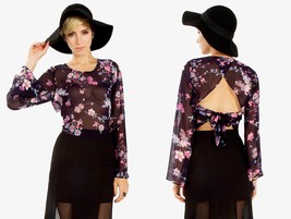 NEW Sugar Lips Sugarlips Navy Floral Free Falling Top w/Bell Sleeves XS ... - $24.00