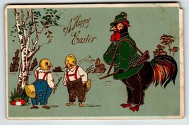 Easter Postcard Dressed Rooster Holds Rifle Baby Chicks Gel Gold Fantasy Germany - £14.54 GBP