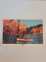 Man Fishing in Boat On Lake Orange Fall Leaves Vintage Postcard Unposted  - £9.60 GBP