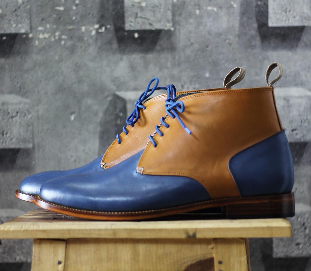 Handmade Men's Tan Blue Leather Chukka Lace Up Boots, Men Ankle Fashion Boots