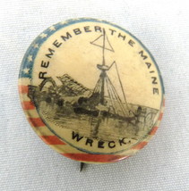Antique Remember Maine celluloid pinback Bush waltz battlewhip US Navy m... - $38.32 CAD