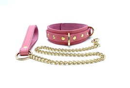 BDSM Collar &amp; Leash Set in Pink Leather &amp; Gold Hardware from Tango Colle... - £82.95 GBP