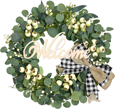 Eucalyptus Wreaths for Front Door, 20&#39;&#39; Green Outdoor Christmas Wreath with Welc - £30.24 GBP