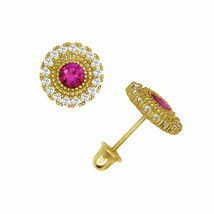 Brilliant Round Cut Halo Ruby Stud Earrings Screw Back 14K Yellow Gold - £97.63 GBP