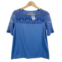 NEW Simply Styled Womens S Crochet Lace Yoke Top Short Sleeves Blue - £15.40 GBP