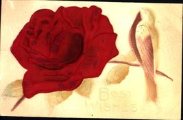 Best WISHES-SILK Red Rose &amp; Air Brushed Bird And Leaves Postcard - £7.35 GBP