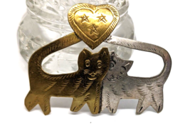 VINTAGE TEXTURED Bronze Silver tone double  Cats Hearts  PIN BROOCH pendant - £14.27 GBP