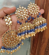 Kundan Tikka Jhumka Earrings Beaded Bridal Festival Jewelry Chic Set Punjabi 02 - £27.62 GBP