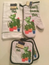St Patricks Day Can&#39;t touch this towel pot holder mitt cactus 4 pc white... - $16.99