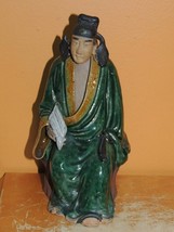 Chinese Mud Man/Men Seated Green Yellow Robe w/ Scroll 6.5+&quot; marked Chin... - $538.11 MXN