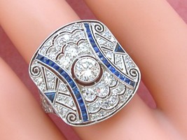 Estate 1.13ctw Diamond .60ctw Sapphire Platinum Statement Cocktail Ring Fabulous - £3,358.08 GBP