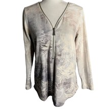 Soft Surroundings Fleece Half Zip Sweater XS Beige Floral Long Sleeve V Neck - £20.58 GBP