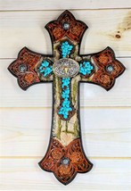 Ebros Western Turquoise Rocks Longhorn Concho Tooled Leather Finish Wall Cross - £24.77 GBP