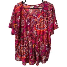 Bass Womens Blouse XL Extra Large Peplum Polyester Pink Orange Floral Paisley - £9.34 GBP