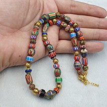 Vintage Tibetan Nepalese beads Chevron Glass Beads Brass Gold Plated Necklace #1 - £45.77 GBP