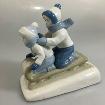 Paul Sebastian Figurine Children Sledding Porcelain Mexico Porcelana Cuernavaca - $27.93