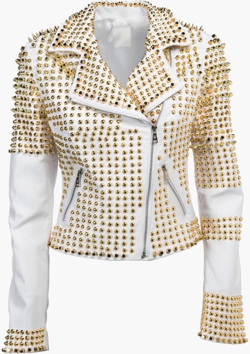 Man White Leather Jacket, Steampunk Clothing Golden Studded Punk Jacket, Men’s B