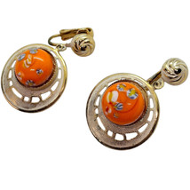 Vintage Earrings Orange Murano Glass Millefiori Clip On Artisan Mod Stat... - $34.60