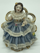 Vintage 3 inch lady girl on bench Dresden porcelain figurine figure blue lovely - £37.36 GBP