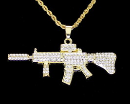 Mens Machine Gun CZ Pendant 14k Gold Plated 30&quot; Rope Chain Necklace Hip Hop - £9.02 GBP