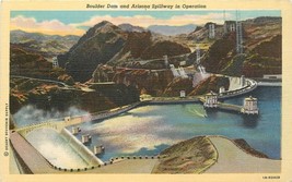 Linen Postcard AZ M493 Hoover Boulder Dam and Arizona Spillway in Operation - $5.94