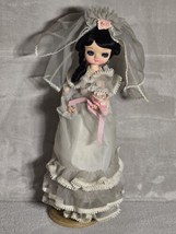 Bradley 1976-VTG Big Eye Doll Black-Haired Black-Eyed Bride in her Wedding Dress - $19.24